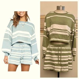 NWOT 2 Piece Set Sweater Short Combo Green White Stripes Size Small